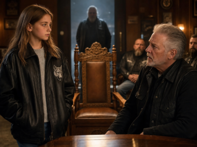 THEY LAUGHED AT A TWELVE-YEAR-OLD GIRL IN HER DEAD GRANDFATHER’S BIKER JACKET—UNTIL THE CLUB PRESIDENT SAW THE SILVER PATCH, TURNED PALE, AND WHISPERED, “WHO TOLD YOU ABOUT THE EMPTY CHAIR?”