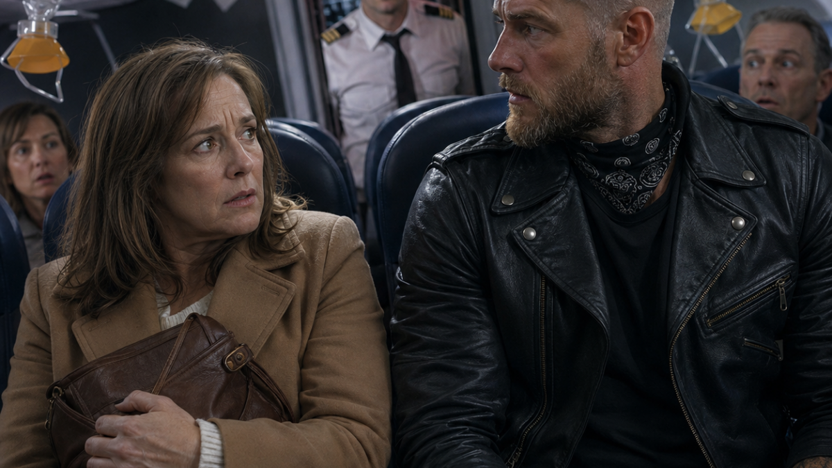 SHE CLUTCHED HER PURSE FROM THE TATTOOED BIKER BESIDE HER—THEN THE PLANE STARTED FALLING, THE COCKPIT DOOR OPENED, AND EVERYONE HEARD WHO HE REALLY WAS
