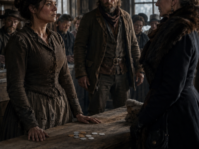 They Laughed at the Quiet Seamstress and Paid Her Less Than She Was Owed—Until the Scarred Mountain Man Rose From the Corner, Made the Richest Widow in Black Hollow Pay Every Coin, and Gave Martha Hale One Reason Not to Betray Him When Her Father’s Debt Put Both Their Lives at Risk