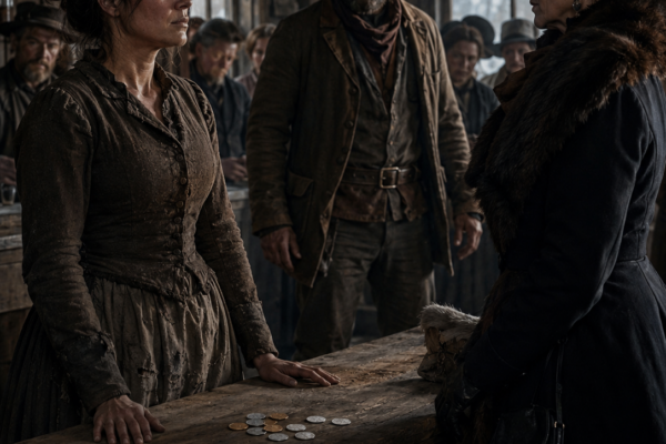 They Laughed at the Quiet Seamstress and Paid Her Less Than She Was Owed—Until the Scarred Mountain Man Rose From the Corner, Made the Richest Widow in Black Hollow Pay Every Coin, and Gave Martha Hale One Reason Not to Betray Him When Her Father’s Debt Put Both Their Lives at Risk