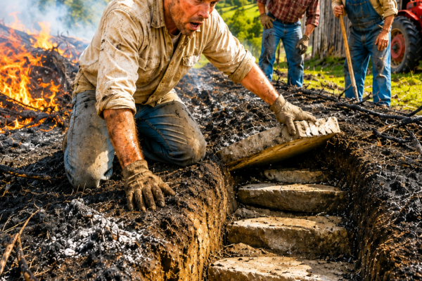 he burned forty years of brush behind the old barn and found stone steps leading to the secret five families had buried beneath the hill