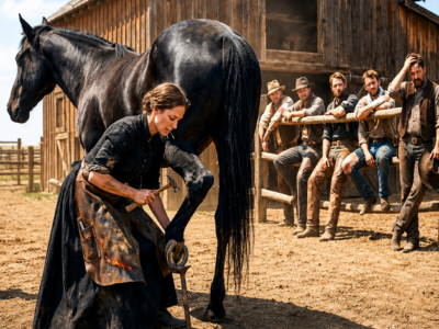 they laughed when the penniless widow offered to shoe the black mare—fifteen minutes later, the ranch owner knew he had judged the wrong woman