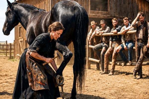 they laughed when the penniless widow offered to shoe the black mare—fifteen minutes later, the ranch owner knew he had judged the wrong woman