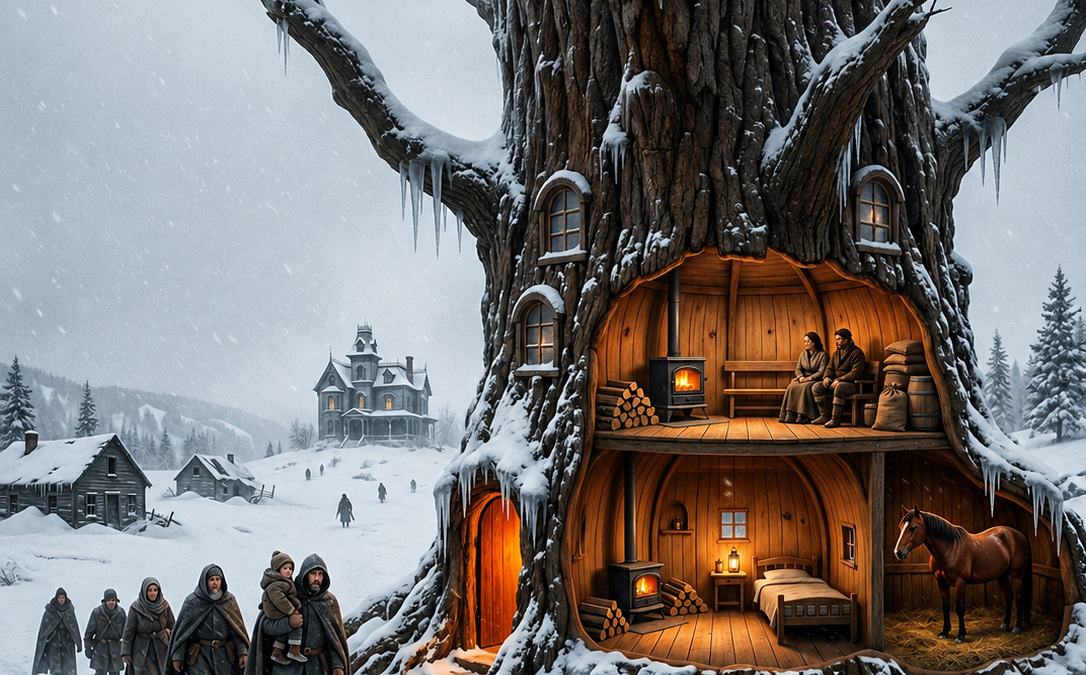 The Town Laughed at Their Home Inside a Hollow Tree Until the Blizzard Took Everything Else