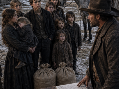 Nine Orphaned Siblings Stood in a Montana Resettlement Lot Refusing to Be Separated—Then a Solitary Rancher Rode In Carrying Another Lost Child, Put His Hand on the County Ledger, and Said Every One of Them Would Leave With Him Before Winter Closed the Mountain Roads