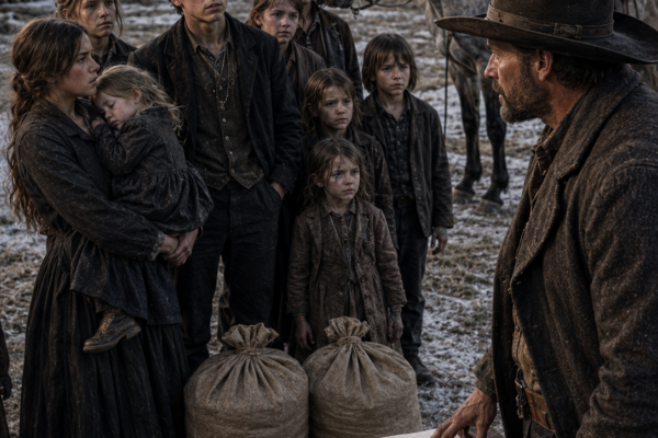 Nine Orphaned Siblings Stood in a Montana Resettlement Lot Refusing to Be Separated—Then a Solitary Rancher Rode In Carrying Another Lost Child, Put His Hand on the County Ledger, and Said Every One of Them Would Leave With Him Before Winter Closed the Mountain Roads