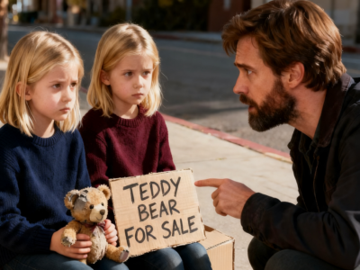 I BOUGHT A TEDDY BEAR FROM TWO STARVING TWIN GIRLS—THEN THEIR WIDOWED MOTHER SAW MY FATHER’S INITIALS INSIDE IT AND LOCKED THE DOOR BEHIND ME