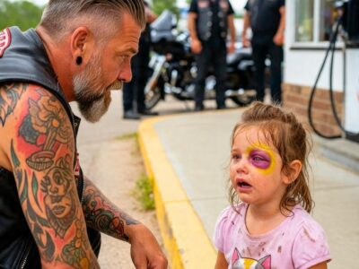 TWELVE FEARED BIKERS STOPPED FOR GAS AND FOUND A BRUISED SEVEN-YEAR-OLD ALONE — THEN SHE NAMED THE MAN WHO HURT HER, AND ONE BLACK TRUCK PULLED IN…