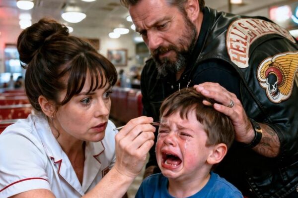 A WAITRESS TRIED TO TIE BACK A BIKER’S TERRIFIED SON’S HAIR — BUT WHAT SHE FELT UNDERNEATH MADE THE BOY WHISPER A WARNING HIS FATHER WASN’T READY TO HEAR