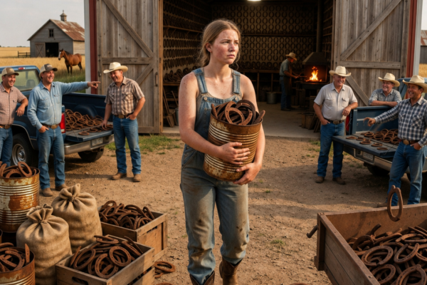 the whole county laughed when a little girl bought a bucket of rusted horseshoes—until the barn doors opened and the bank auction fell silent