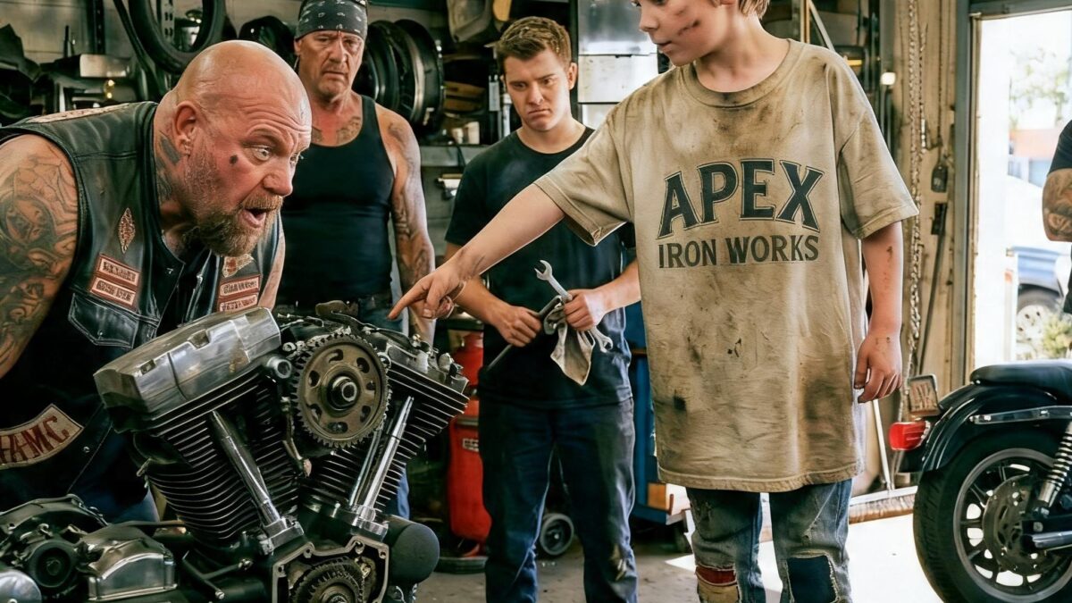 A HELLS ANGELS ENFORCER THREATENED TO SHUT THE GARAGE DOWN OVER HIS DEAD FRIEND’S HARLEY—THEN A POOR 8-YEAR-OLD BOY WHISPERED SIX WORDS THAT CHANGED THE ROOM