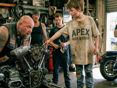 A HELLS ANGELS ENFORCER THREATENED TO SHUT THE GARAGE DOWN OVER HIS DEAD FRIEND’S HARLEY—THEN A POOR 8-YEAR-OLD BOY WHISPERED SIX WORDS THAT CHANGED THE ROOM