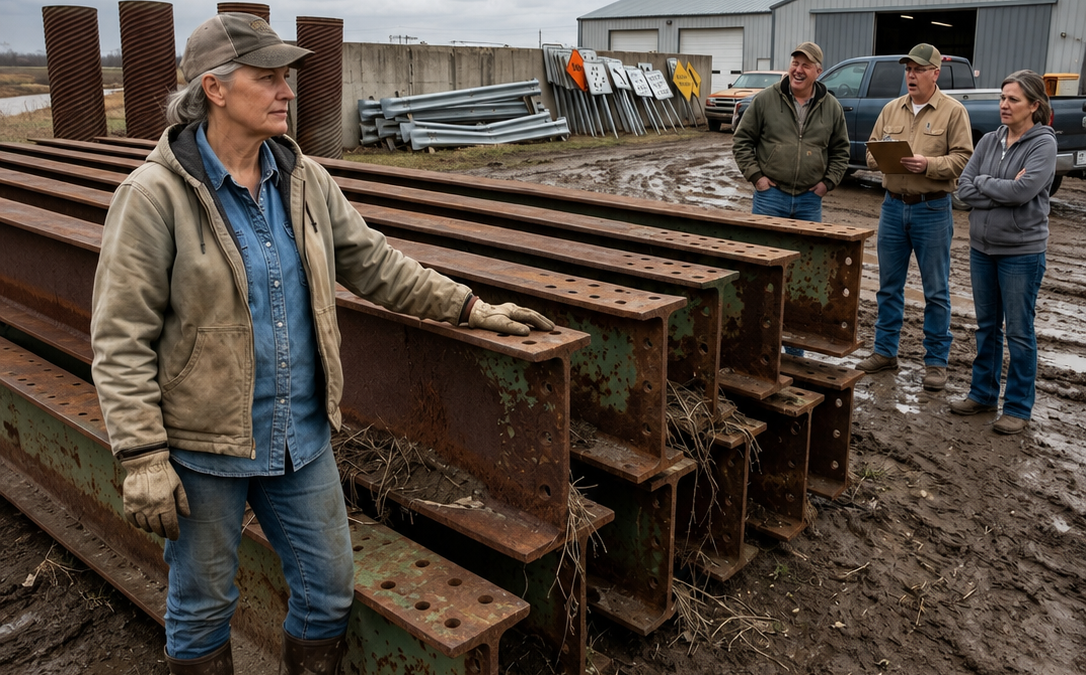 the county laughed when a widowed farmer bought twelve rusted bridge beams for scrap—until the flood erased every road but the one she built in secret