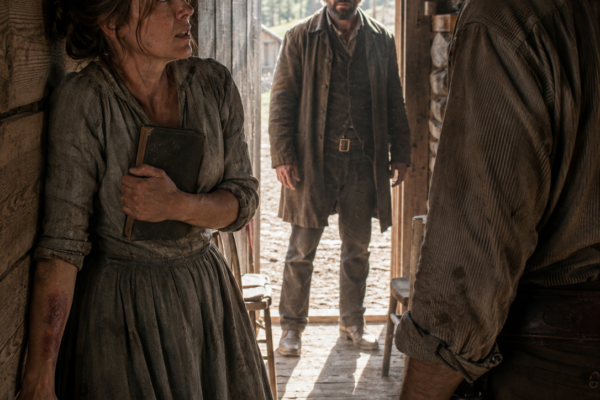 Jed Holt Trapped His Wife Against the Cabin Wall When She Refused to Surrender Her Father’s Land—Then Nathan Cole Stepped Through the Door, Lowered His Hands Instead of Reaching for His Gun, and Left Clara to Make the Choice Neither Man Could Make for Her
