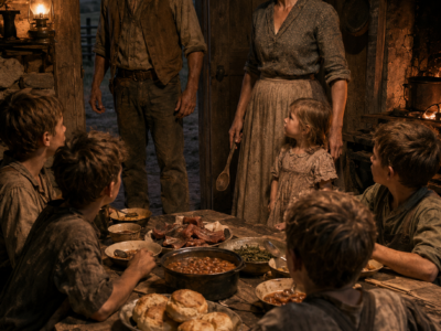 She Rode Six Miles to Marry a Stranger With Six Hungry Sons—Then Nora Found His Four-Year-Old Cooking Burned Beans Alone, Took the Spoon From His Hands, and Set One Supper on the Table That Made the Failing Rancher Stop Cold in the Doorway