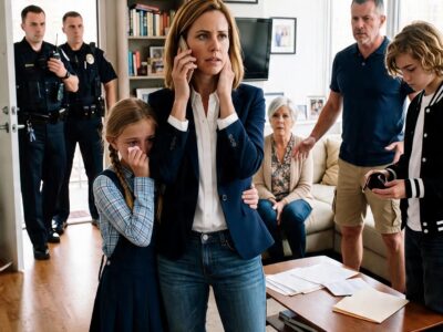I came home early and heard my thirteen-year-old daughter crying behind her bedroom door. My ex-husband was blocking the hallway while his new wife watched, and her eighteen-year-old son was emptying my desk drawers onto the floor. “Where did you put the deed?” my ex demanded. Then my daughter whispered that the boy had hidden something in his backpack—and when I saw my mother’s jewelry pouch sticking from it, I locked myself in the bathroom and called 911.
