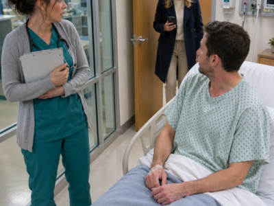 When my husband was rushed to the hospital after nearly collapsing at work, I arrived in my nursing scrubs and told the receptionist I was his wife. She checked his chart and said, “His emergency contact is already on the way.” Twenty minutes later, a woman I had never met walked into his room carrying his phone charger, reading glasses, and favorite sweatshirt. My husband saw my face, closed his eyes, and whispered, “Claire, I can explain.”