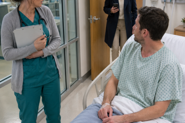 When my husband was rushed to the hospital after nearly collapsing at work, I arrived in my nursing scrubs and told the receptionist I was his wife. She checked his chart and said, “His emergency contact is already on the way.” Twenty minutes later, a woman I had never met walked into his room carrying his phone charger, reading glasses, and favorite sweatshirt. My husband saw my face, closed his eyes, and whispered, “Claire, I can explain.”