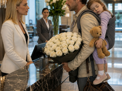 A widowed father was turned away at his own hotel with his sleeping daughter in his arms… but by the time the staff realized who he truly was, it was already too late.