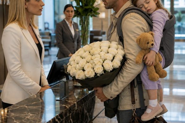 A widowed father was turned away at his own hotel with his sleeping daughter in his arms… but by the time the staff realized who he truly was, it was already too late.