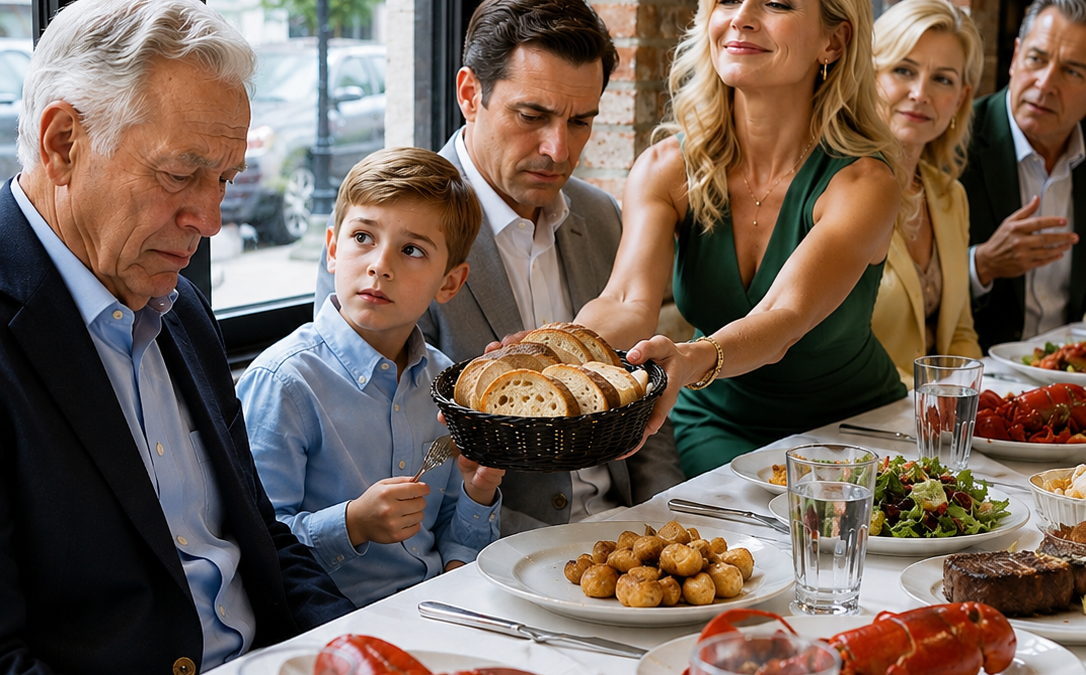 At my son’s birthday dinner in Maryland, his wife served everyone $300 lobster except me, pushed a basket of bread toward me, and said food like that was wasted on a 72-year-old. I simply smiled, said “Noted,” and went home to open the bank envelope they never imagined I would see.