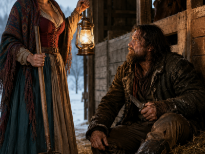 The lantern rose, revealing **Harlon crouched in the hay with a hunting knife clenched in his hand**, while the woman before him tightened her grip on an iron pitchfork. She had every reason to scream, run, or reach for a rifle—but instead she studied his hollow face and quietly asked, **“Have you eaten?”** After eight months without speaking to another human being, Harlon opened his mouth and discovered he couldn’t answer.
