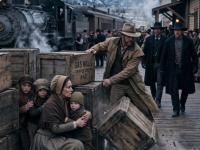 Widowed Maggie Sullivan Hid Her Four Children Behind Freight Crates as Men Came to Take Her Sons—Then Rancher Caleb Mercer Moved Between Them and the Law, Offered Her Family a Place to Hide Without Asking Anything in Return, and Gave Her the One Choice Her Dead Husband Never Had