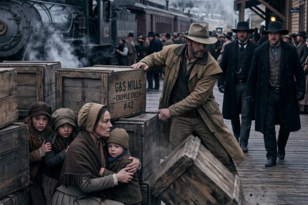 Widowed Maggie Sullivan Hid Her Four Children Behind Freight Crates as Men Came to Take Her Sons—Then Rancher Caleb Mercer Moved Between Them and the Law, Offered Her Family a Place to Hide Without Asking Anything in Return, and Gave Her the One Choice Her Dead Husband Never Had