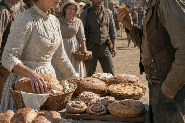 Everyone Walked Past Widow Margaret Dawson’s Bread at the Red Creek Market—Until Rancher Caleb Reed Took One Bite, Bought Every Loaf and Pie on Her Table, and Offered Her a Place Where the Man Who Ruined Her Bakery Could No Longer Make Her Disappear