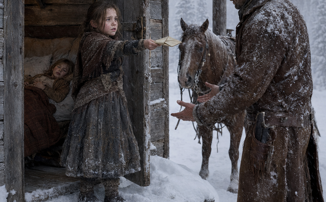 Eight-Year-Old Grace Waited Three Days in a Frozen Mountain Cabin With Her Feverish Sister—Then a Passing Cowboy Read Their Dying Father’s Letter, Gave Up His Saddle to Carry Them Through the Blizzard, and Made a Promise He Had No Home or Money to Keep