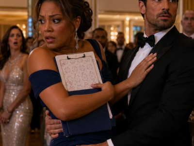 When Leonardo Pulled the Curvy Hotel Coordinator Onto His Lap Before a Ballroom of Billionaires, Meline Thought He Was Publicly Claiming Her—Until He Whispered That Standing Up Would Get Her Killed, While the Altered Seating Chart in Her Clipboard Proved Someone Inside the Hotel Had Chosen Them Both as Targets