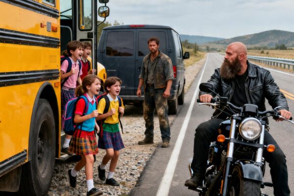 ONE HELLS ANGEL SAW A STRANGER LURING CHILDREN OFF A SCHOOL BUS – AND BLOCKED THE HIGHWAY WITH HIS HARLEY
