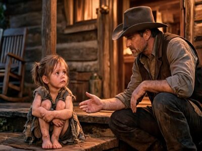 “‘Stay With Me’ — The Cowboy Found Her Shivering, and Promised She’d Never Be Alone”  The little girl had been sitting on the same frozen step for three days when Nathan Walker finally stopped his horse.  Six years old.  A coat too thin for a Montana winter.  A small cloth bag clutched against her chest.  And eyes that kept searching the road for a mother who had promised to come back.  Everyone in Red Creek had seen her.  Nobody had taken her home.  Nathan dismounted and wrapped his heavy coat around her trembling shoulders.  “Where’s your family?”  The girl looked toward the empty road.  “My mama went to get help.”  “When?”  “Before the snow started.”  Nathan’s chest tightened.  That had been three days ago.  He knelt in front of her.  “What’s your name?”  “Lily.”  Then her tiny hand grabbed his sleeve.  “Please don’t leave.”  Nathan froze.  There was something in the way she said it—not like a child asking a stranger for company.  Like someone who had already learned what abandonment felt like.  “Everyone leaves,” she whispered.  Nathan covered her hand with his.  “I won’t leave you here.”  “Promise?”  “I promise.”  He took Lily back to his ranch.  That should have been the end of it.  Instead, less than an hour later, someone pounded on Nathan’s door.  Outside stood William Kane, one of the richest and most feared men in the valley.  Three armed riders waited behind him.  Kane looked past Nathan into the cabin.  “I believe you have something that belongs to me.”  Nathan’s expression hardened.  “She’s not something.”  Behind him, Lily saw Kane’s face.  Her entire body began shaking.  That was all Nathan needed to see.  He stepped outside and closed the door behind him.  Kane claimed Lily’s family owed him money.  Nathan asked why a debt required armed men chasing a six-year-old through the snow.  Kane smiled.  Then warned him to stop asking questions.  After the riders left, Nathan sat beside Lily near the fire.  “I need you to tell me why that man scares you.”  Lily’s eyes filled with tears.  “If I tell you… will you still let me stay?”  Nathan’s answer came immediately.  “You don’t have to earn a safe place.”  Slowly, Lily opened the cloth bag she had guarded for three freezing days.  Inside was a necklace.  And a letter from her mother.  Nathan unfolded it.  The letter claimed William Kane had been stealing farms across Montana using forged documents.  Lily’s father had discovered proof.  Then he disappeared.  Her mother had taken Lily and run.  Before vanishing too, she left her daughter at the abandoned Miller house with one instruction.  Wait there.  Someone would come.  Nathan looked at the little girl who had obeyed for three days while an entire town walked past her.  Then he noticed something else in the letter.  A reference to evidence Kane had never found.  And suddenly the men outside weren’t merely hunting Lily.  They believed she knew where it was.  That night, Nathan heard movement near his barn.  He stepped outside with his rifle raised.  A shadow staggered through the snow.  “Don’t shoot.”  The man was wounded.  Half frozen.  Nathan moved closer.  Then recognized the face from the photograph Lily had shown him.  Her missing father.  MORE IN COMMENT.