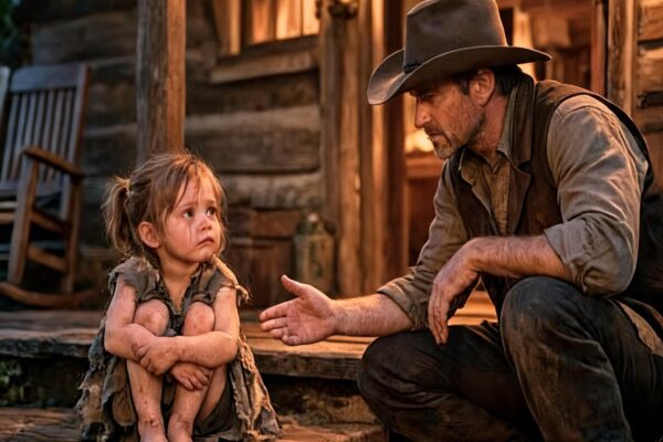 “‘Stay With Me’ — The Cowboy Found Her Shivering, and Promised She’d Never Be Alone”  The little girl had been sitting on the same frozen step for three days when Nathan Walker finally stopped his horse.  Six years old.  A coat too thin for a Montana winter.  A small cloth bag clutched against her chest.  And eyes that kept searching the road for a mother who had promised to come back.  Everyone in Red Creek had seen her.  Nobody had taken her home.  Nathan dismounted and wrapped his heavy coat around her trembling shoulders.  “Where’s your family?”  The girl looked toward the empty road.  “My mama went to get help.”  “When?”  “Before the snow started.”  Nathan’s chest tightened.  That had been three days ago.  He knelt in front of her.  “What’s your name?”  “Lily.”  Then her tiny hand grabbed his sleeve.  “Please don’t leave.”  Nathan froze.  There was something in the way she said it—not like a child asking a stranger for company.  Like someone who had already learned what abandonment felt like.  “Everyone leaves,” she whispered.  Nathan covered her hand with his.  “I won’t leave you here.”  “Promise?”  “I promise.”  He took Lily back to his ranch.  That should have been the end of it.  Instead, less than an hour later, someone pounded on Nathan’s door.  Outside stood William Kane, one of the richest and most feared men in the valley.  Three armed riders waited behind him.  Kane looked past Nathan into the cabin.  “I believe you have something that belongs to me.”  Nathan’s expression hardened.  “She’s not something.”  Behind him, Lily saw Kane’s face.  Her entire body began shaking.  That was all Nathan needed to see.  He stepped outside and closed the door behind him.  Kane claimed Lily’s family owed him money.  Nathan asked why a debt required armed men chasing a six-year-old through the snow.  Kane smiled.  Then warned him to stop asking questions.  After the riders left, Nathan sat beside Lily near the fire.  “I need you to tell me why that man scares you.”  Lily’s eyes filled with tears.  “If I tell you… will you still let me stay?”  Nathan’s answer came immediately.  “You don’t have to earn a safe place.”  Slowly, Lily opened the cloth bag she had guarded for three freezing days.  Inside was a necklace.  And a letter from her mother.  Nathan unfolded it.  The letter claimed William Kane had been stealing farms across Montana using forged documents.  Lily’s father had discovered proof.  Then he disappeared.  Her mother had taken Lily and run.  Before vanishing too, she left her daughter at the abandoned Miller house with one instruction.  Wait there.  Someone would come.  Nathan looked at the little girl who had obeyed for three days while an entire town walked past her.  Then he noticed something else in the letter.  A reference to evidence Kane had never found.  And suddenly the men outside weren’t merely hunting Lily.  They believed she knew where it was.  That night, Nathan heard movement near his barn.  He stepped outside with his rifle raised.  A shadow staggered through the snow.  “Don’t shoot.”  The man was wounded.  Half frozen.  Nathan moved closer.  Then recognized the face from the photograph Lily had shown him.  Her missing father.  MORE IN COMMENT.