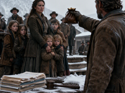 Forty-Three Men Let the Gavel Fall on Clara and Her Seven Children—Then the Feared Mountain Man Offered Three Hundred Dollars, Refused to Separate a Single Child, and Opened the Lonely Ridge Home He Had Spent Eight Years Building for No One but His Dead Family