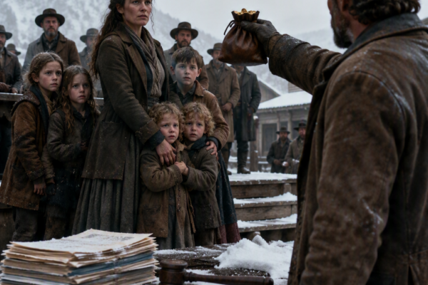 Forty-Three Men Let the Gavel Fall on Clara and Her Seven Children—Then the Feared Mountain Man Offered Three Hundred Dollars, Refused to Separate a Single Child, and Opened the Lonely Ridge Home He Had Spent Eight Years Building for No One but His Dead Family