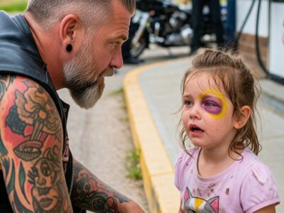 The Hells Angel Knelt Beside a Bruised Seven-Year-Old Girl and Asked, “Who Hurt You?”—When She Whispered, “My Dad Did It,” Twelve Hardened Bikers Refused to Leave Until the Adults Who Had Failed Her Finally Started Listening