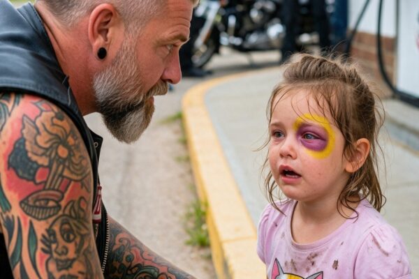 The Hells Angel Knelt Beside a Bruised Seven-Year-Old Girl and Asked, “Who Hurt You?”—When She Whispered, “My Dad Did It,” Twelve Hardened Bikers Refused to Leave Until the Adults Who Had Failed Her Finally Started Listening