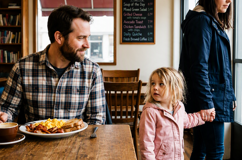 She Tried to Leave the Café Before Anyone Noticed Her Little Girl Staring at a Stranger’s Dinner—But the Single Dad Who Shared His Plate Soon Discovered They Weren’t Just Hungry… They Were Hiding From Someone Willing to Use a Child to Steal a Fortune
