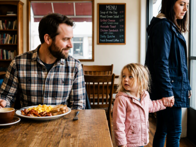She Tried to Leave the Café Before Anyone Noticed Her Little Girl Staring at a Stranger’s Dinner—But the Single Dad Who Shared His Plate Soon Discovered They Weren’t Just Hungry… They Were Hiding From Someone Willing to Use a Child to Steal a Fortune