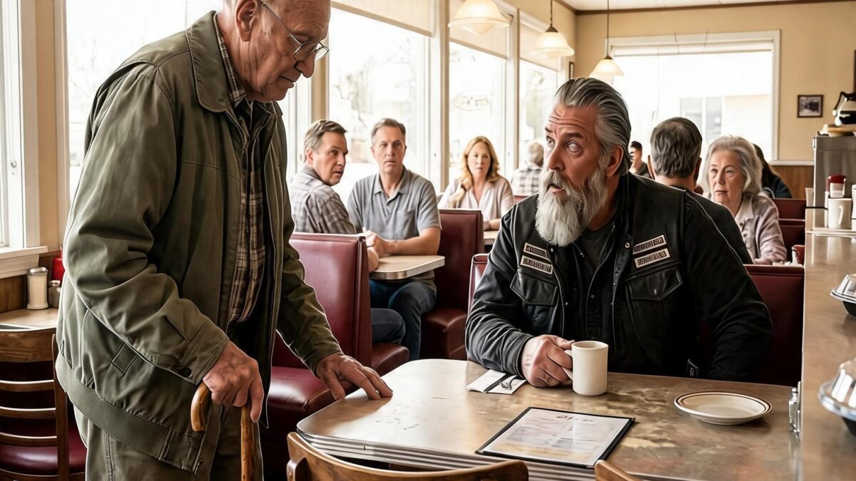 A Limping 72-Year-Old Asked Seven Tables, “Can I Sit With You?”—They All Said No Until a Hells Angels Biker Pulled Out a Chair, Saw the Bruises on His Wrists, and Uncovered the Grandson Who Had Been Quietly Stealing His Money, His Freedom, and His Credibility