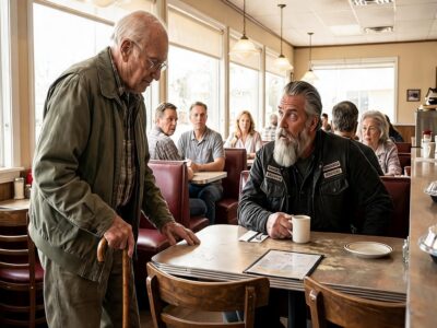 A Limping 72-Year-Old Asked Seven Tables, “Can I Sit With You?”—They All Said No Until a Hells Angels Biker Pulled Out a Chair, Saw the Bruises on His Wrists, and Uncovered the Grandson Who Had Been Quietly Stealing His Money, His Freedom, and His Credibility