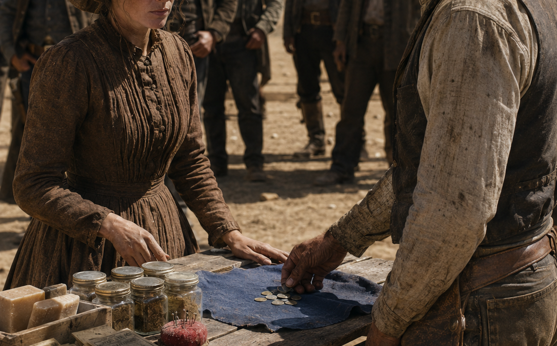 The Town Laughed at Clara Moreau’s Nearly Empty Market Stall—Then a Lonely Wyoming Cowboy Bought Every Jar, Bar of Soap, and Seed Packet She Had, Only to Discover Weeks Later That Helping Her Stay Might Cost Him the Ranch He Had Spent Years Saving