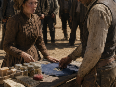 The Town Laughed at Clara Moreau’s Nearly Empty Market Stall—Then a Lonely Wyoming Cowboy Bought Every Jar, Bar of Soap, and Seed Packet She Had, Only to Discover Weeks Later That Helping Her Stay Might Cost Him the Ranch He Had Spent Years Saving