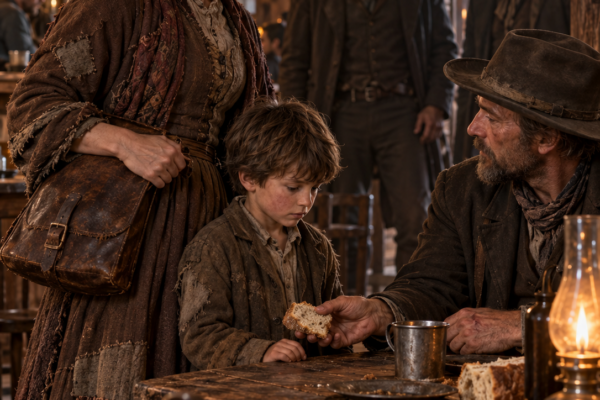 She Whispered That Her Son Hadn’t Eaten in Days—Then a Quiet Federal Surveyor Gave the Boy His Last Bread, Faced the Men Hunting Her Stolen Ranch Deeds, and Offered a Road to Denver Without Asking Her for Anything in Return