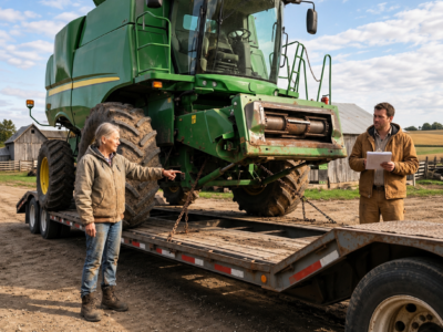 the $480,000 combine was already chained down when an older farmer saw one tiny detail everyone else had missed—and stopped the delivery before somebody paid for it on a hillside