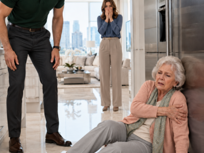 My son-in-law shoved me into the refrigerator because his dinner wasn’t ready, then pointed at the floor and said, “If you’re going to stay in my home, at least make yourself useful.” My daughter stood six feet away and watched me struggle to get up. I didn’t argue with either of them. I walked to the guest room, locked the door, and finally opened the certified envelope I’d been carrying in my apron all afternoon.