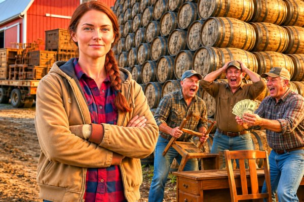 they laughed when the farmer’s daughter stacked 900 whiskey barrels behind the barn—then those “worthless” oak barrels saved the family land