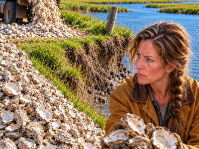 the seafood plant dumped mountains of oyster shells for free, so a widowed farmer hauled them to the creek that was swallowing her family land one storm at a time