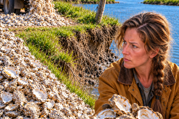 the seafood plant dumped mountains of oyster shells for free, so a widowed farmer hauled them to the creek that was swallowing her family land one storm at a time